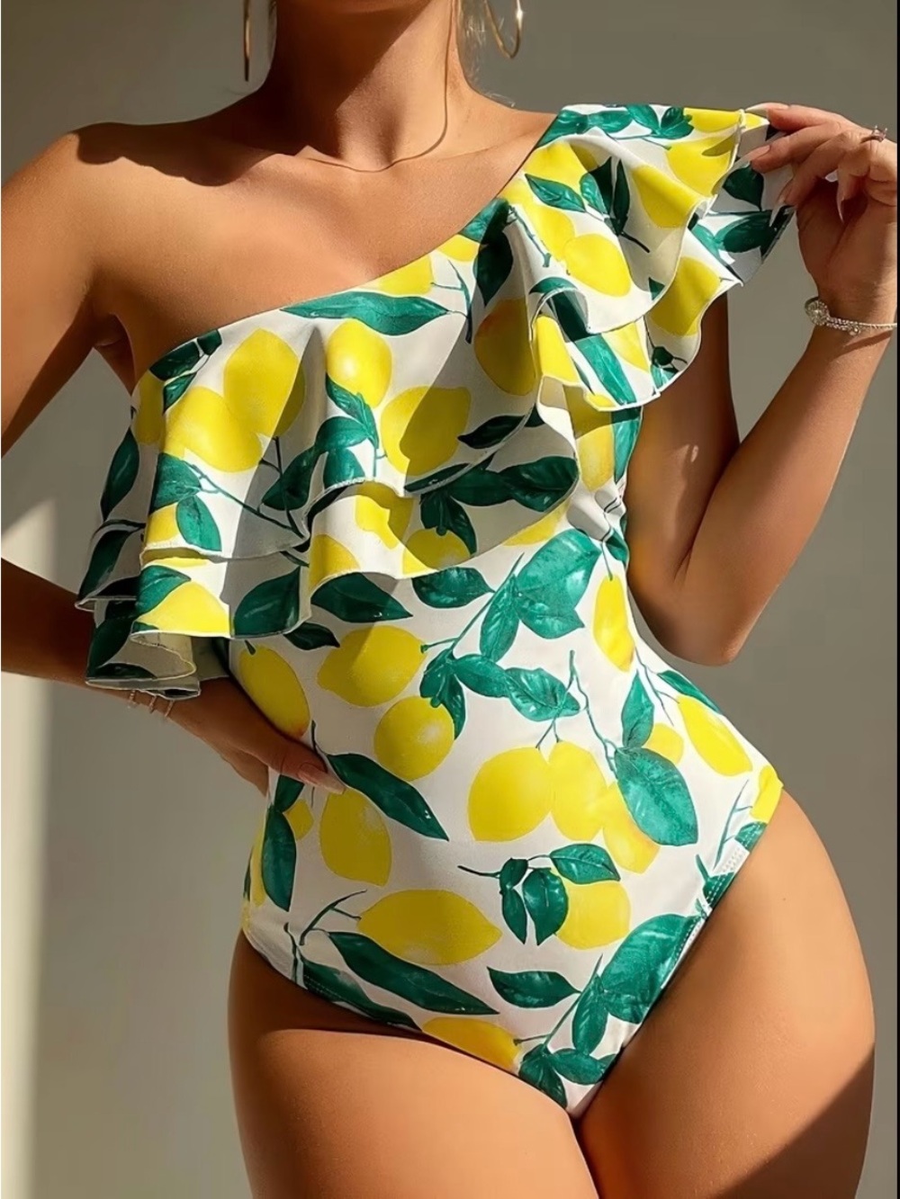NWOT One-Shoulder Lemon Print Ruffle Swimsuit - New Without Tags